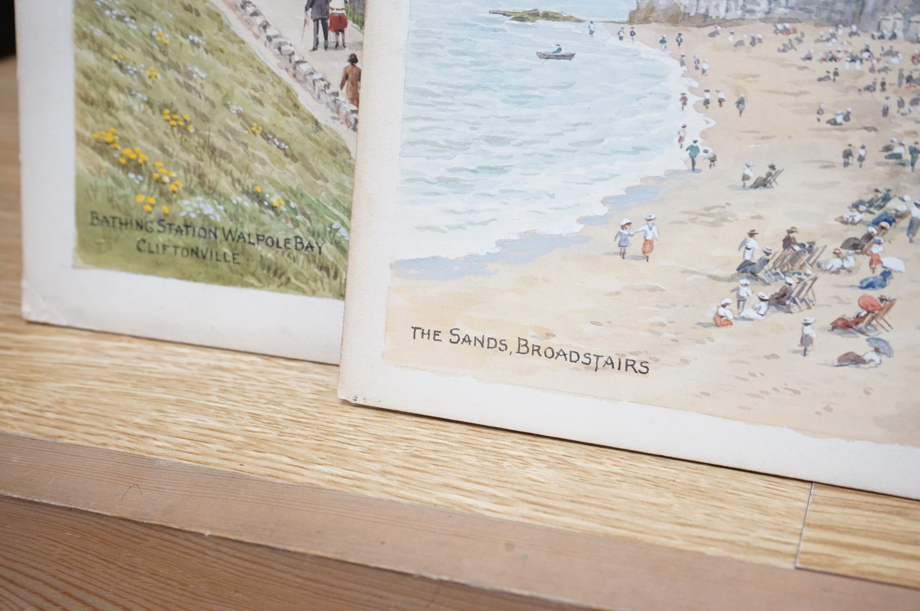 Alfred Robert Quinton (1853-1934), set of four watercolours for postcard designs of Kent Coastal scenes comprising, ‘Central Parade Beach, Deal’, ‘The Sands, Broadstairs’, ‘Ramsgate Sands’ and ‘Bathing Station, Walpole W